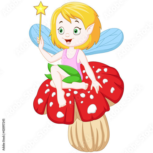 Cartoon little fairy sitting on a mushroom