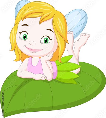 Cartoon funny little fairy on green leaf