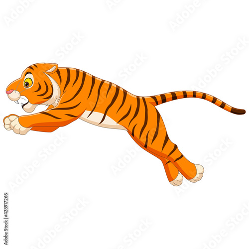 Cartoon funny tiger jumping on white background