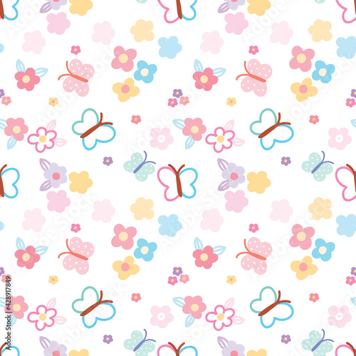 Seamless Pattern of Hand Drawn Flower and Butterfly Design on White Background