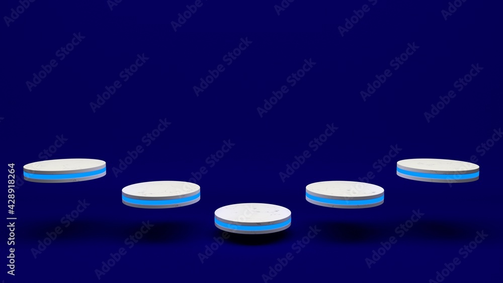 Marble product stand futuristic or podium pedestal on empty display growing light with blue backdrops. 3D rendering. Marble product stand futuristic or podium pedestal on empty display growing light with blue backdrops. 3D rendering.