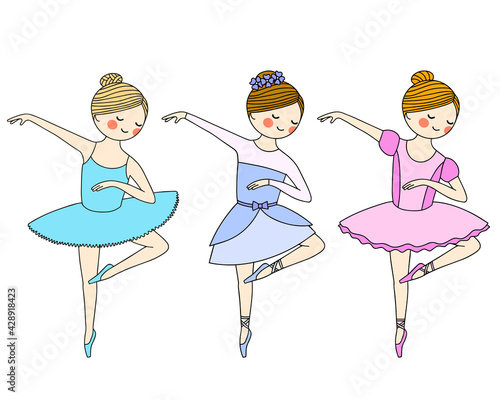 Set of color images on a white background. Beautiful little ballerina in pointe shoes and dress.
