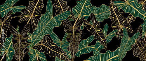Luxury gold tropical leaves background vector. Wallpaper design with golden line art texture from palm leaves, Jungle leaves, monstera leaf, exotic botanical floral pattern.
