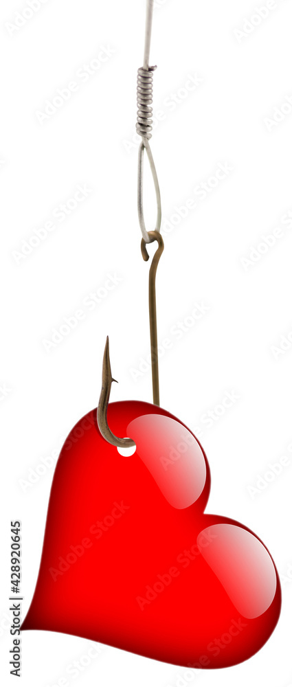 Coeur rouge accroché à un hameçon, concept amoureux Coeur rouge accroché à un hameçon, concept amoureux