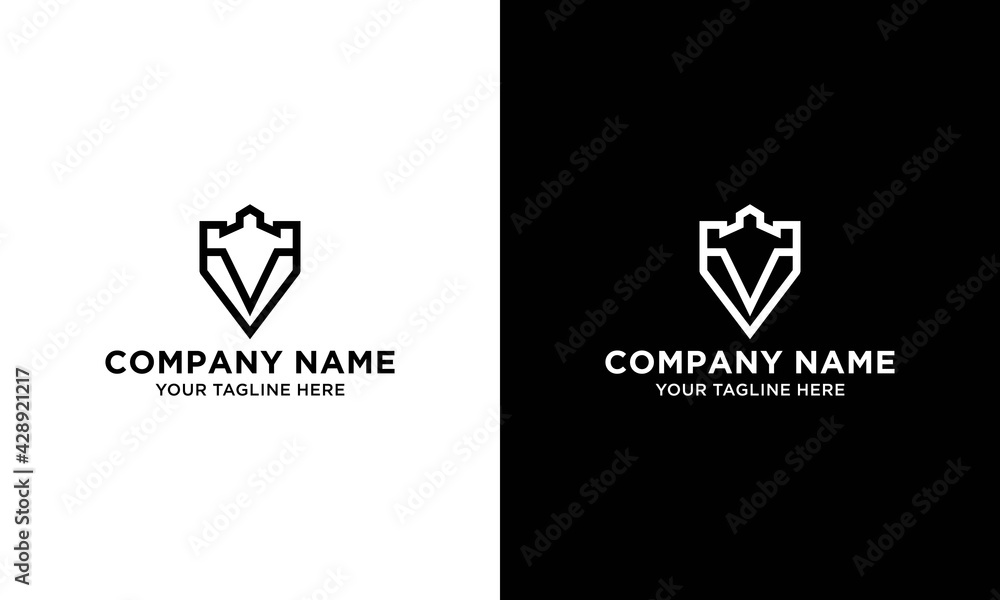 Authentic Castle tower and shield silhouette for real estate, protect systems Authentic Castle tower and shield silhouette for real estate, protect systems