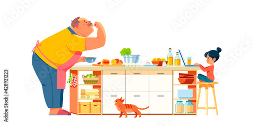 Happy family grandfather and granddaughter child cook in the kitchen. Child using laptop while preparing. Senior funny elder man happy at home. People activity in family. Cartoon vector illustration