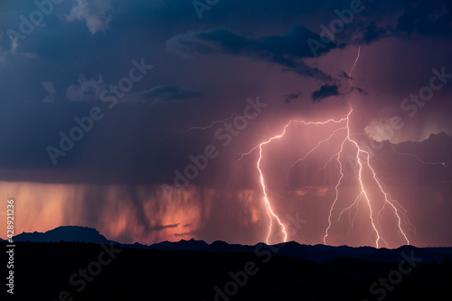 Lightning bolts in a storm at sunset
