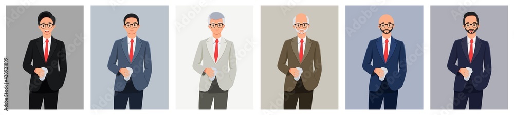 Design a businessman character with different suit colors. holding a drink cup. Happy face. Looking ahead. Vector illustration of young and old business man in a bundle set. Design a businessman character with different suit colors. holding a drink cup. Happy face. Looking ahead. Vector illustration of young and old business man in a bundle set.