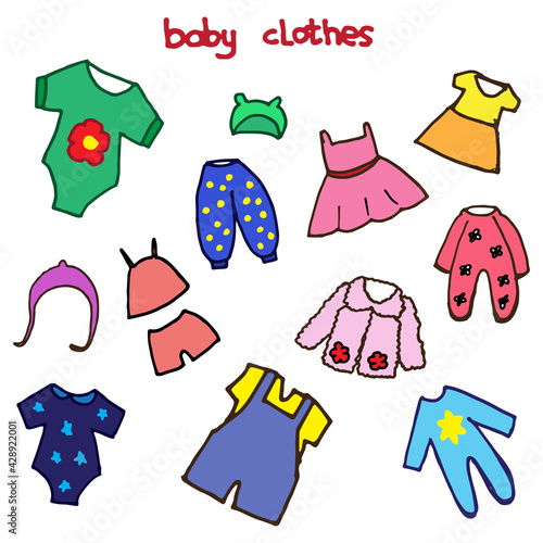 set of baby clothes on white background. cute and colorful apparel and clothing for kids. fashion for baby. hand drawn vector. doodle art for logo, label, sticker, clipart, poster, advert, banner. 