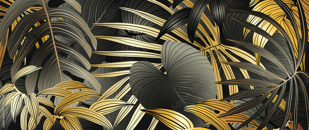 Plakat Luxury gold tropical leaves background vector. Wallpaper design