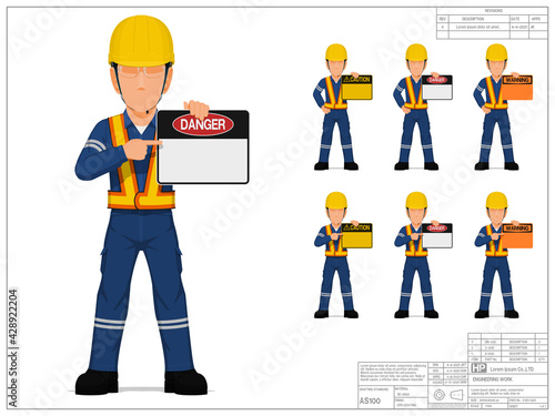 Set of industrial worker is presenting warning sign on white background