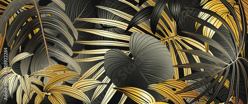 Luxury gold tropical leaves background vector. Wallpaper design with golden line art texture from palm leaves, Jungle leaves, monstera leaf, exotic botanical floral pattern.