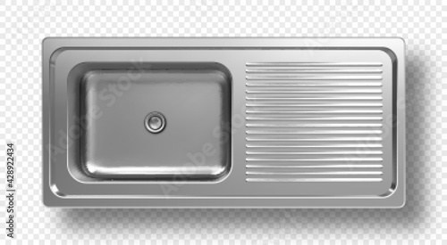 Stainless steel sink top view 3d mockup. Kitchen metal washbasin with right side place for clean dishes. Silver colored household stuff isolated on transparent background, Realistic vector mock up