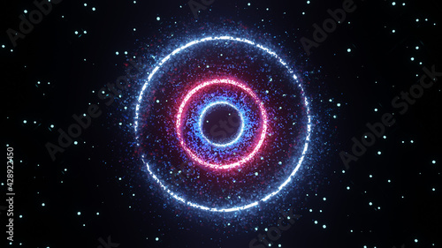 Fototapeta Naklejka Na Ścianę i Meble -  3D illustration graphics of abstract sci-fi neon circular structures emitting its energy all over the space. Blue and Pink color neon round object moving seamless loop.