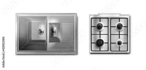 Stainless steel sink and gas stove 3d mockup top view. Metal washbasin and oven burner with off hobs, household stuff, cooking appliances isolated on white background, Realistic 3d vector illustration