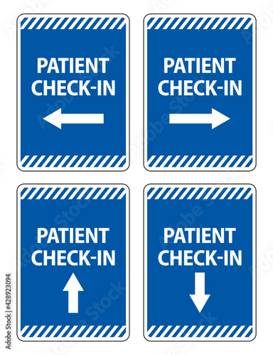 Patient Check-in Signs Collection with arrows pointing to different directions for medical usage. Patient Check-in on blue coloured poster vector collections.
