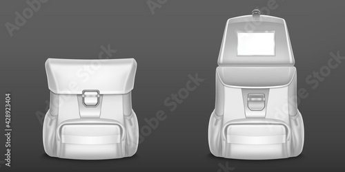 White backpack, school or travel rucksack isolated on gray background. Vector realistic mockup of blank open and closed backbag, women fashion leather or cloth accessory
