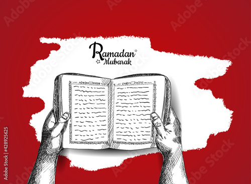 Ramadan Mubarak. hand reading holy muslim book hand drawn isolated on red background white brush