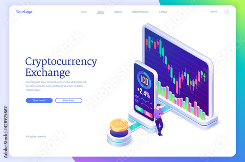 Cryptocurrency exchange market isometric landing page. digital money mining, man at huge computer and smartphone screen with trading chart. Blockchain technology business solution 3d vector web banner