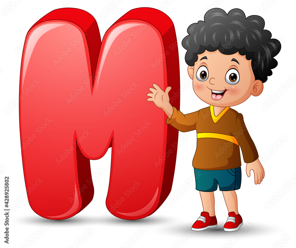 Illustration of a boy posing beside a letter M