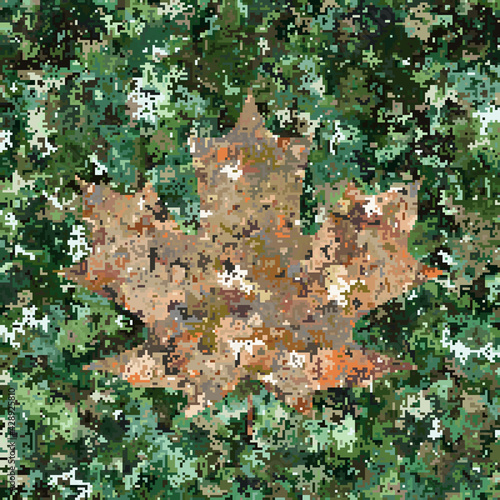 Pixel seamless camouflage in shades of green with maple leaf in shades of rust. Editable.