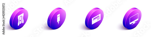 Set Isometric Pencil sharpener, Marker pen, Business card and Computer monitor screen icon. Vector