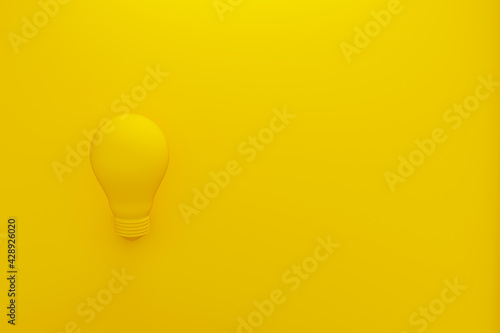 3d illustration. Light bulb yellow on yellow background with copy space