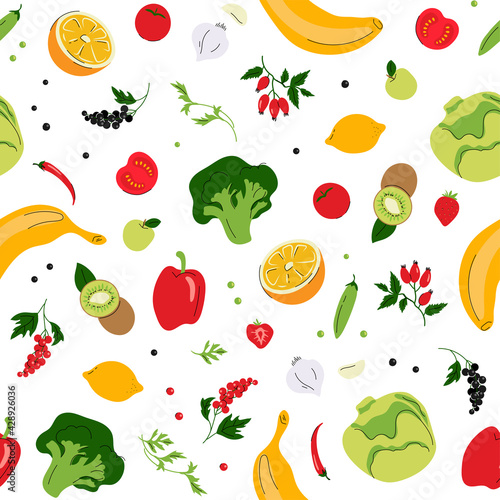 Fototapeta Naklejka Na Ścianę i Meble -  Seamless vector pattern with fruits and vegetables.