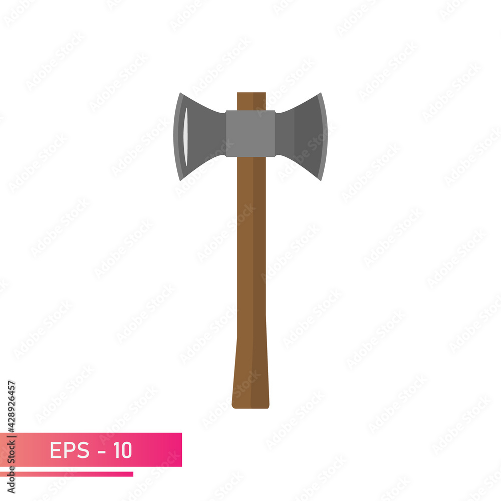 Double axe with wooden handle. Realistic design. On a white background. Tools for the woodcutter and forester. Flat vector illustration. Double axe with wooden handle. Realistic design. On a white background. Tools for the woodcutter and forester. Flat vector illustration.