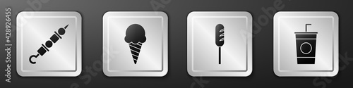 Set Grilled shish kebab, Ice cream in waffle cone, Fried sausage and Paper glass with straw icon. Silver square button. Vector