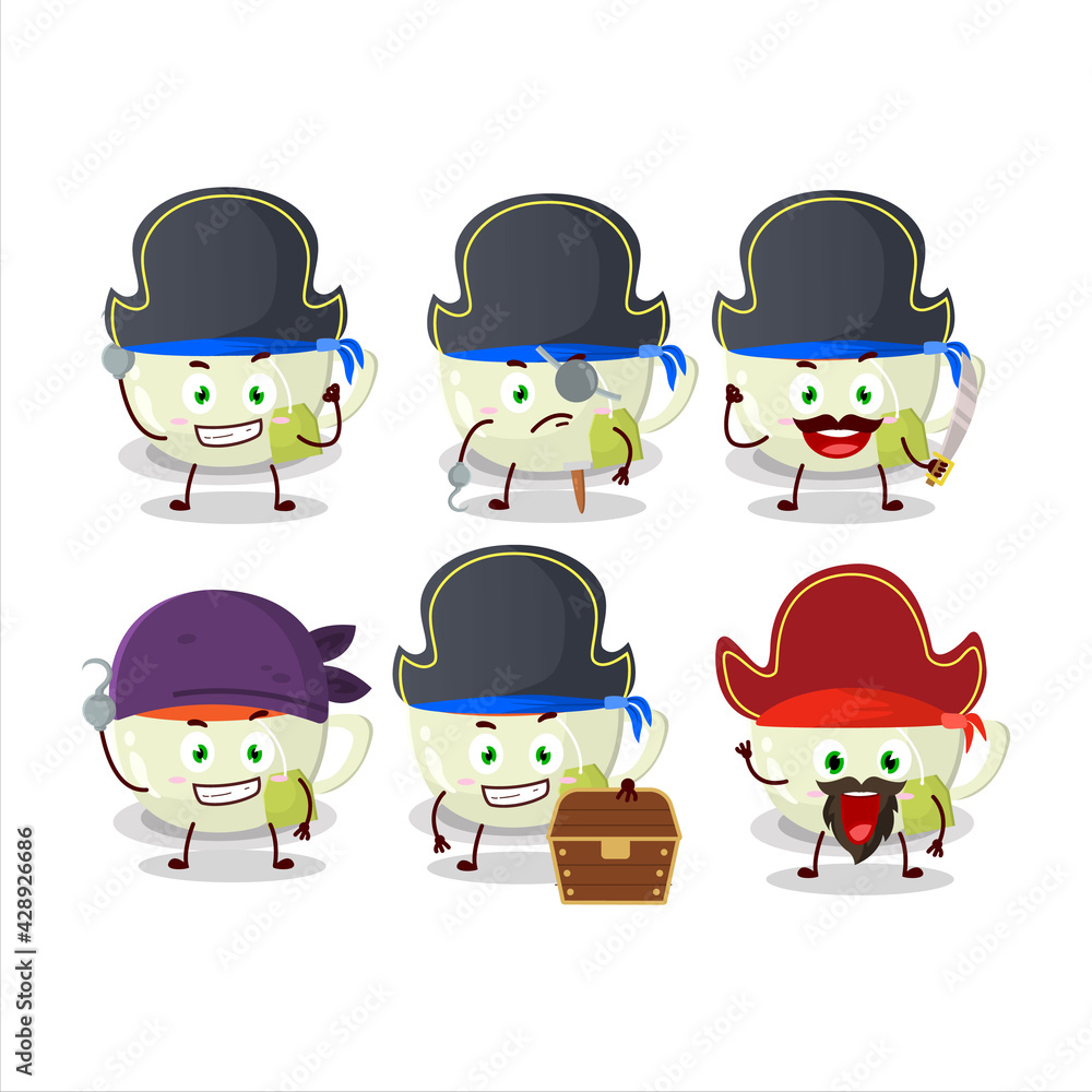 Cartoon character of cup of tea with various pirates emoticons Cartoon character of cup of tea with various pirates emoticons