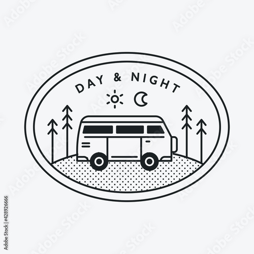Auto camping illustration logo for traveling on a ben Black color hipster design. 