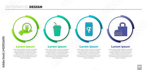 Set Online ordering and delivery, Coffee cup to go, Food ordering pizza and Online ordering burger delivery. Business infographic template. Vector