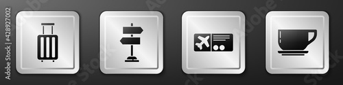 Set Suitcase, Road traffic sign, Airline ticket and Coffee cup icon. Silver square button. Vector