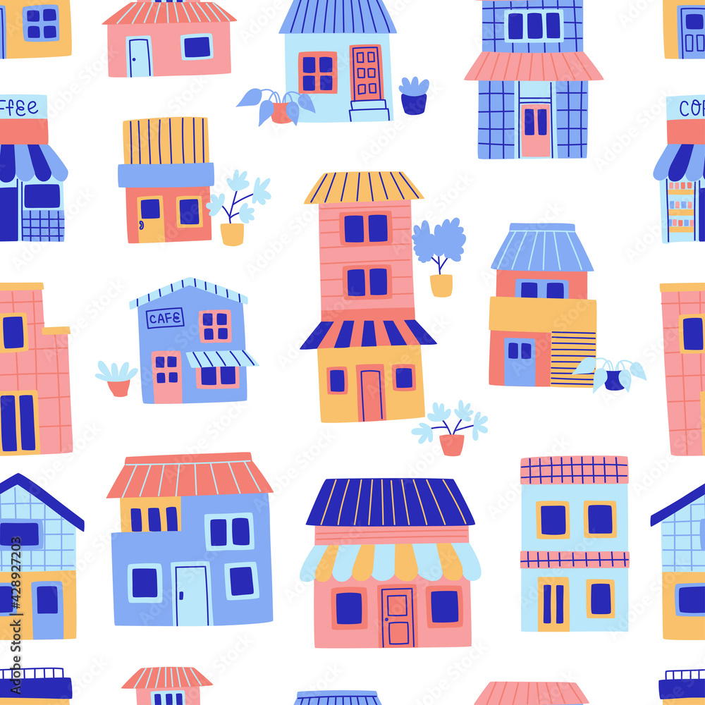 Seamless pattern with houses. Cute town vector illustration. 