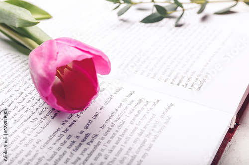 Book with fresh tulip flower, closeup photo