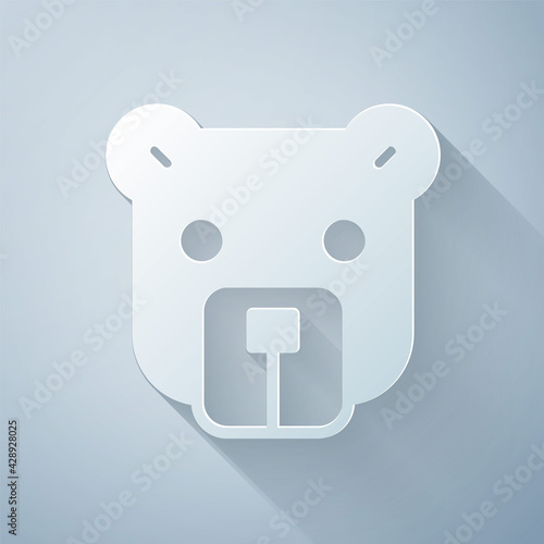 Paper cut Bear head icon isolated on grey background. Paper art style. Vector