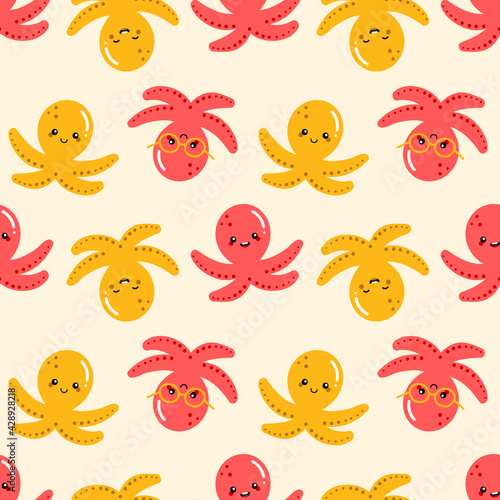 Cute smiling red and yellow baby octopus cartoon style characters for sea life design. 