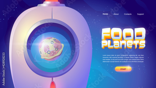 Food planets website with spaceship and sphere with pizza pattern. Vector landing page of online game with cartoon illustration of outer space with rocket and funny alien planet reflected in porthole
