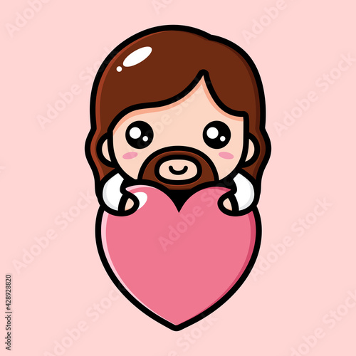 cute cartoon jesus vector design hugging a big heart