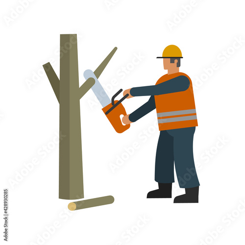 A worker cuts down tree branches with a hand chainsaw
