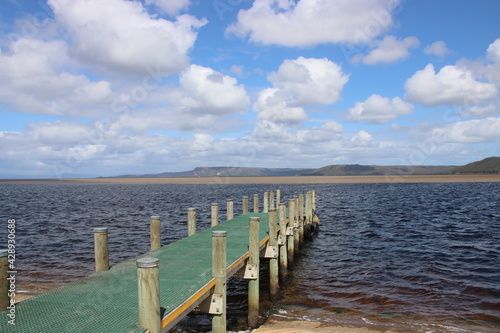 Jetty on Macquarie Harbour near Macquarie Heads  Strahan  western Tasmania.