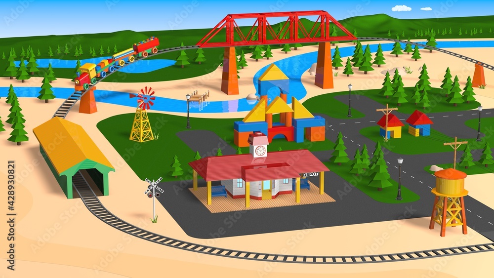 Toy Train Set with Bridge Tunnel and Buildings - 3D Illustration