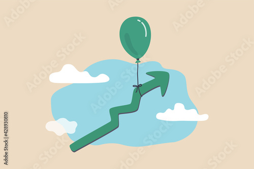 Market rising up, economic growth, high performance profit increase or prosperity concept, balloon tied with rising up green graph flying high in the sky.