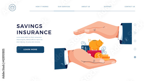 Savings insurance concept. Businessman is holding hands over the wealth to secure money. Money protection, financial savings insurance for web homepage, landing. Modern flat design vector illustration