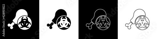 Set Gmo research chicken icon isolated on black and white background. Syringe being injected to chicken. Vector