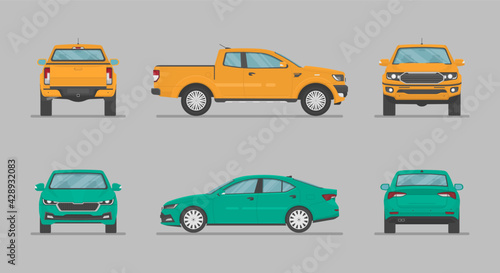Car in different view. Front, back, top and side car projection. Flat illustration for designing. Vector auto.