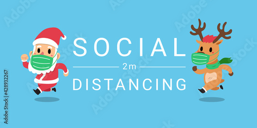 Merry Christmas vector cartoon santa claus and reindeer wearing protective face masks social distancing for design.