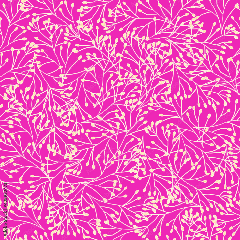Fototapeta premium Pink nature seamless pattern. Repeating plants background bright pink white beige hand drawn branches, stems. Contour wild grass floral repeating abstract texture for fabric, wallpaper