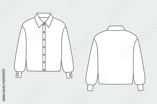 Female blouse vector template isolated on a grey background. Front and back view. Outline fashion technical sketch of clothes model.